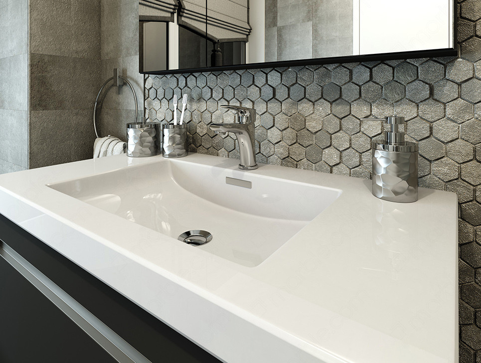 Pure white quartz counter top with back-splash of hexagon tiles 