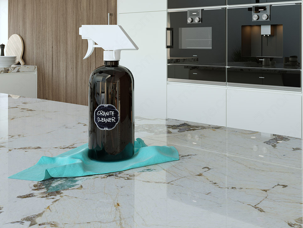 granite cleaner bottle on shiny countertop