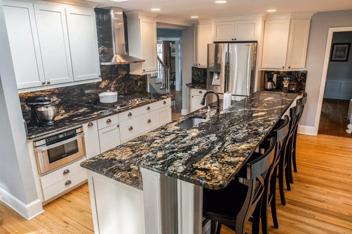 black quartz countertops white cabinets