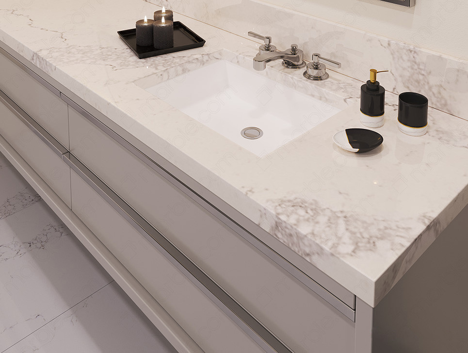  Bathroom with black accessories on white quartz