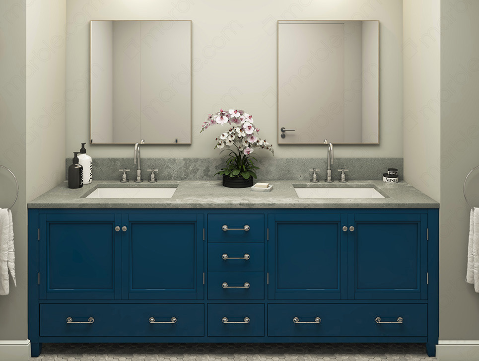 Bathroom with blue cabinets and gray quartz countertop