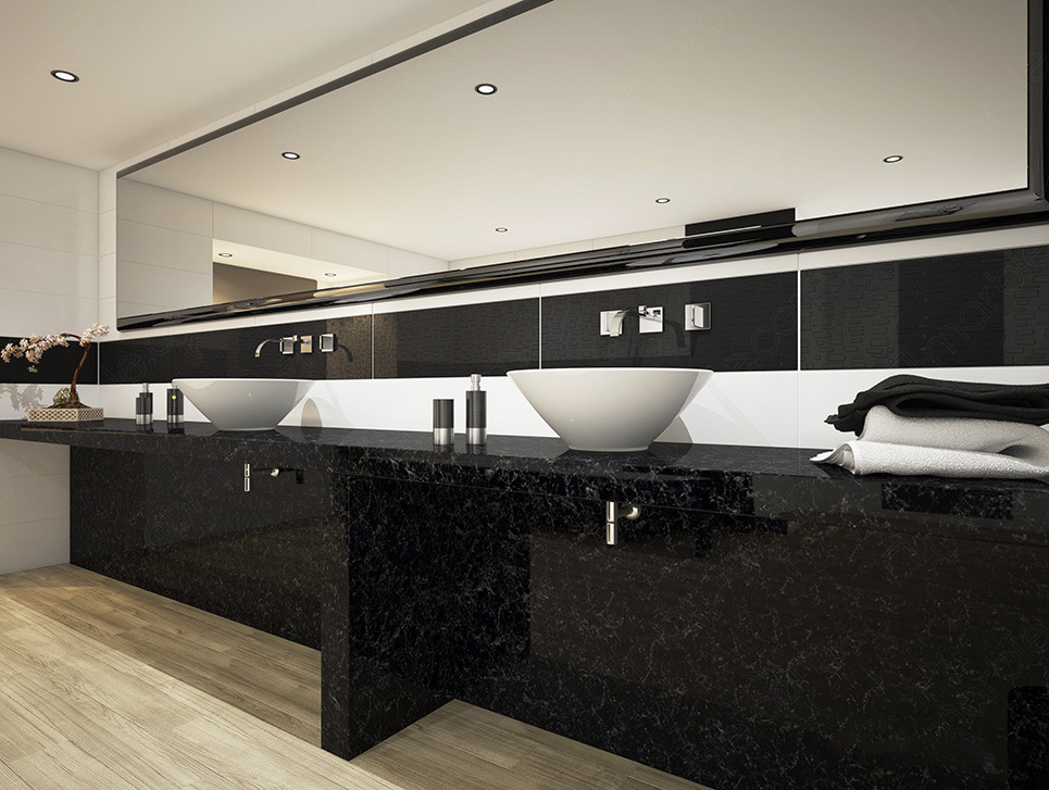 Black quartz countertop and white washbasin with bathroom accessories