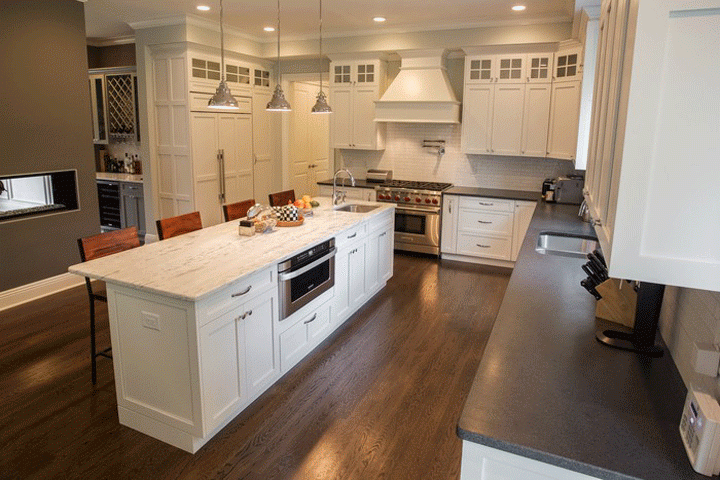 White Cabinets Paired With Dark, Kitchen Island With Black Granite Countertop