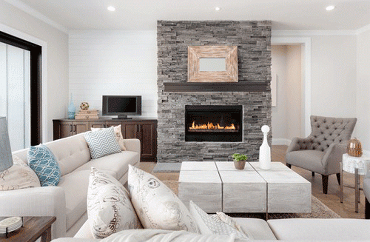 modern stacked stone fireplace