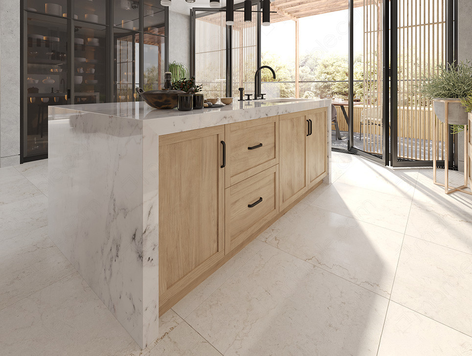 waterfall countertop utilized as the end of the cabinets