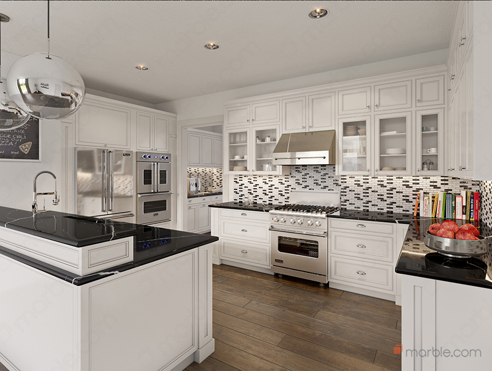 black quartz countertops white cabinets