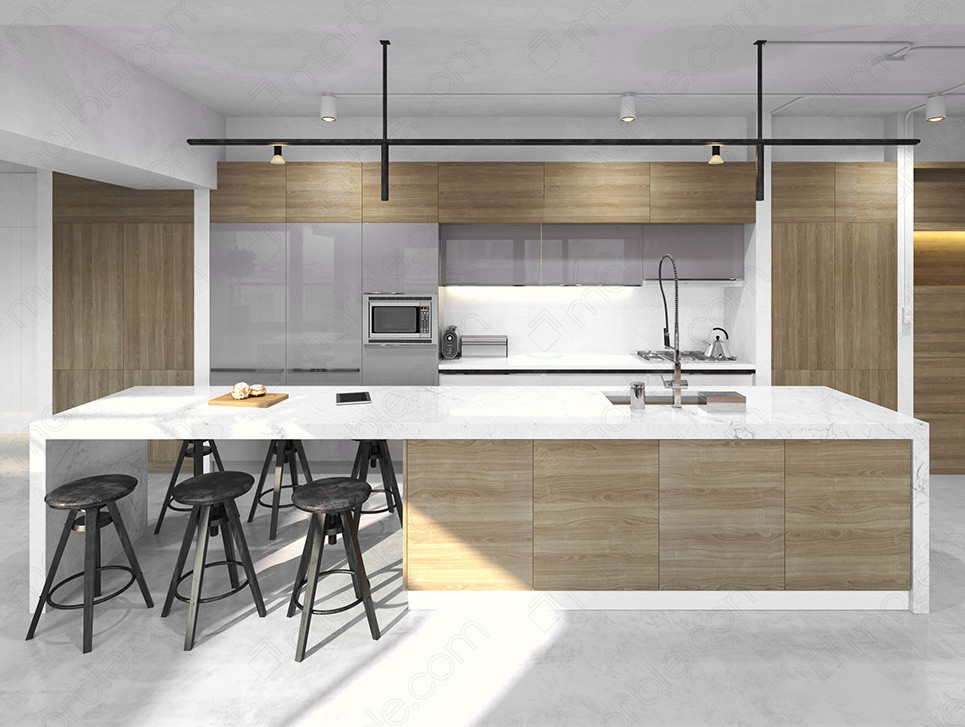 waterfall countertop in a spacious modern kitchen interior