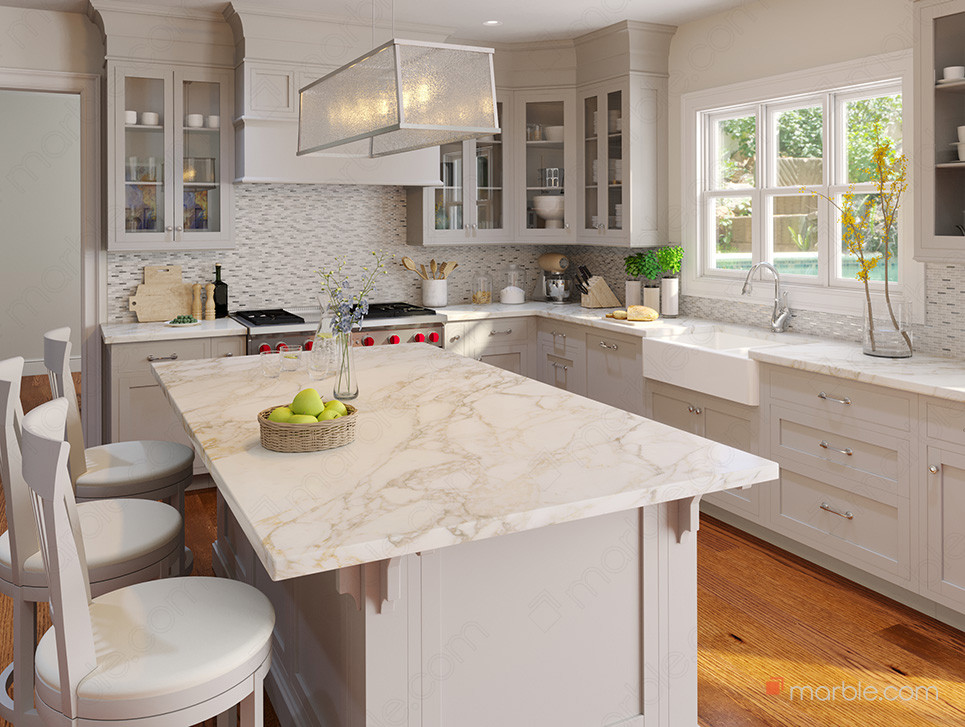 White Kitchen Marble Countertop Barstools WM 