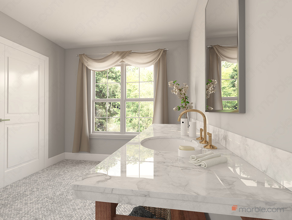 Bathroom with vanity mirror and gold faucet on white quartz countertop