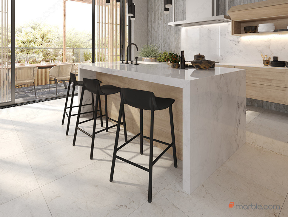 White Waterfall Island Countertop Black Barstools WM 