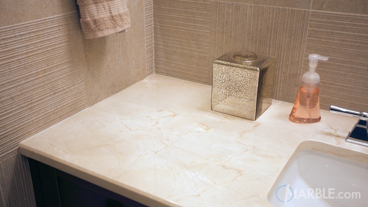 Crema Marfil Marble Countertop In A Classic Bathroom Marble Com