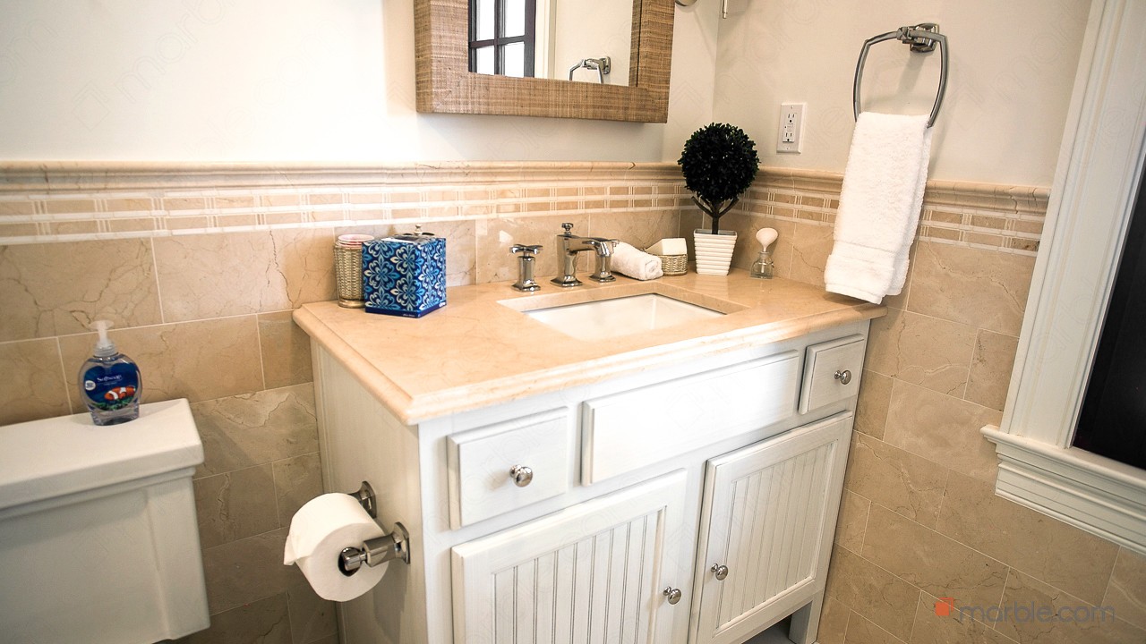 Crema Marfil Marble Vanity In A Elegant Guest Bathroom | Marble.com