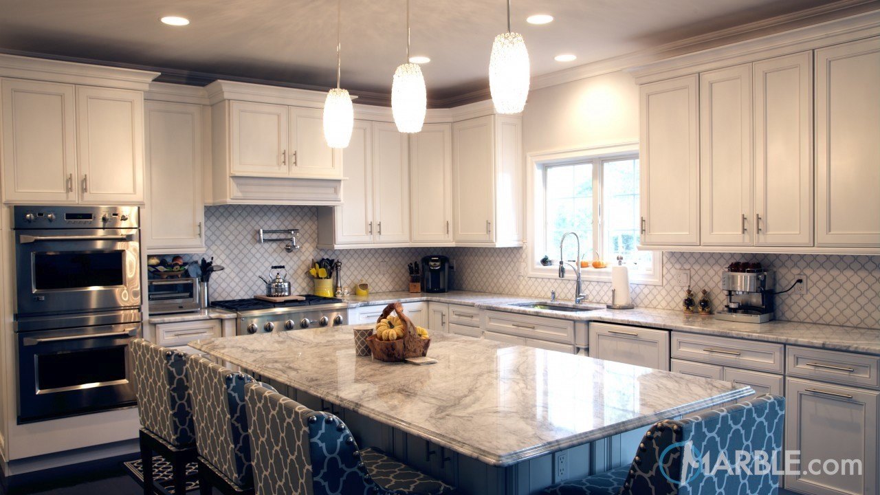 Super White Quartzite Countertops In An Elegant Kitchen Marble Com