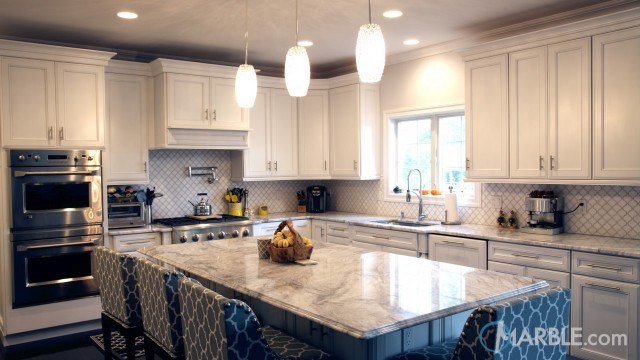Super White Quartzite Countertops In An Elegant Kitchen