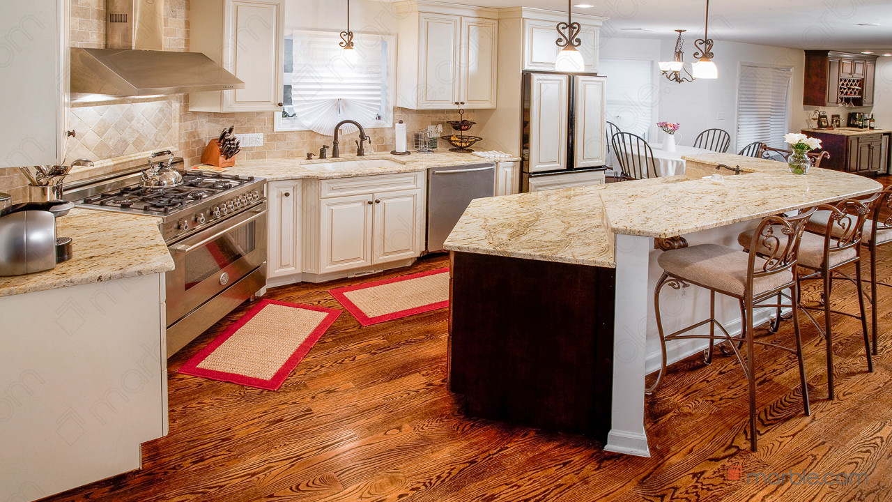 Colonial Gold Granite Kitchen With Multi Layer Island | Marble.com