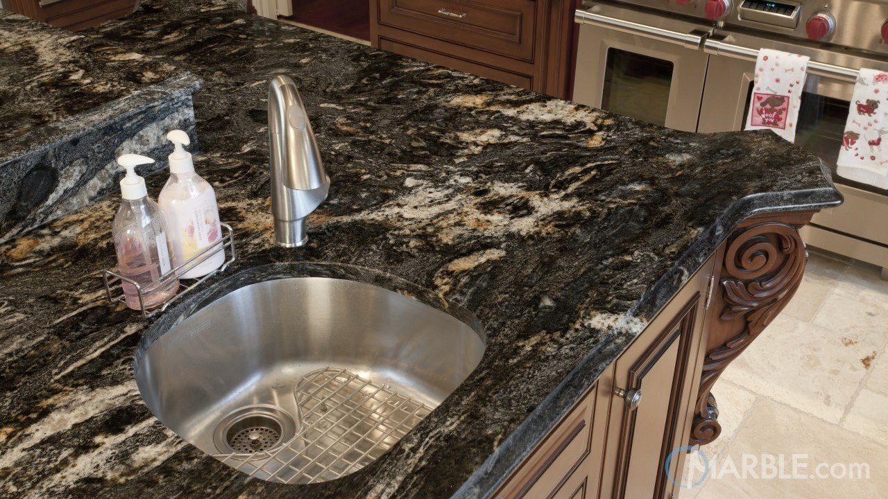 Cosmic Black Granite Kitchen Countertops With A Multi Layer