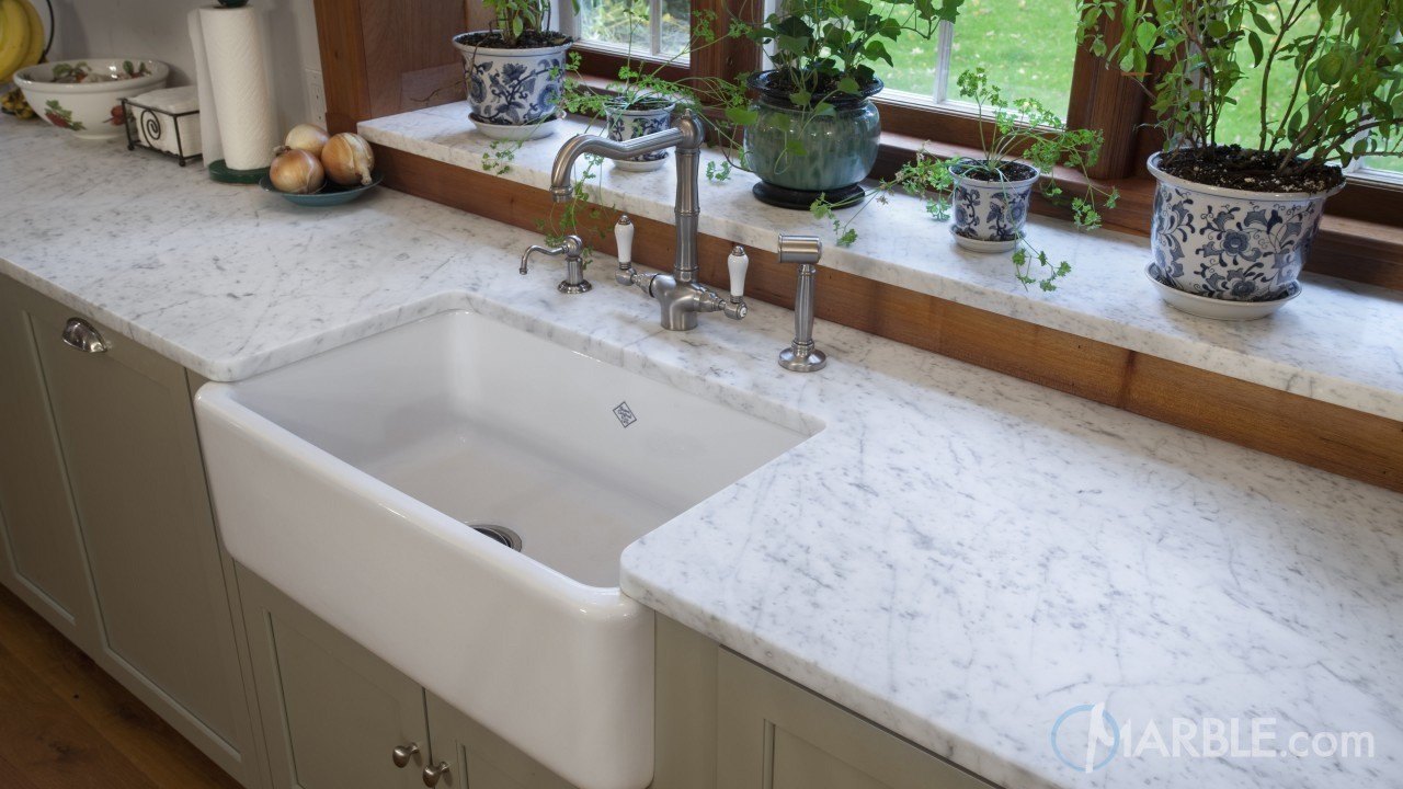 White Carrara Marble Oscuro Mist Satin Granite Kitchen