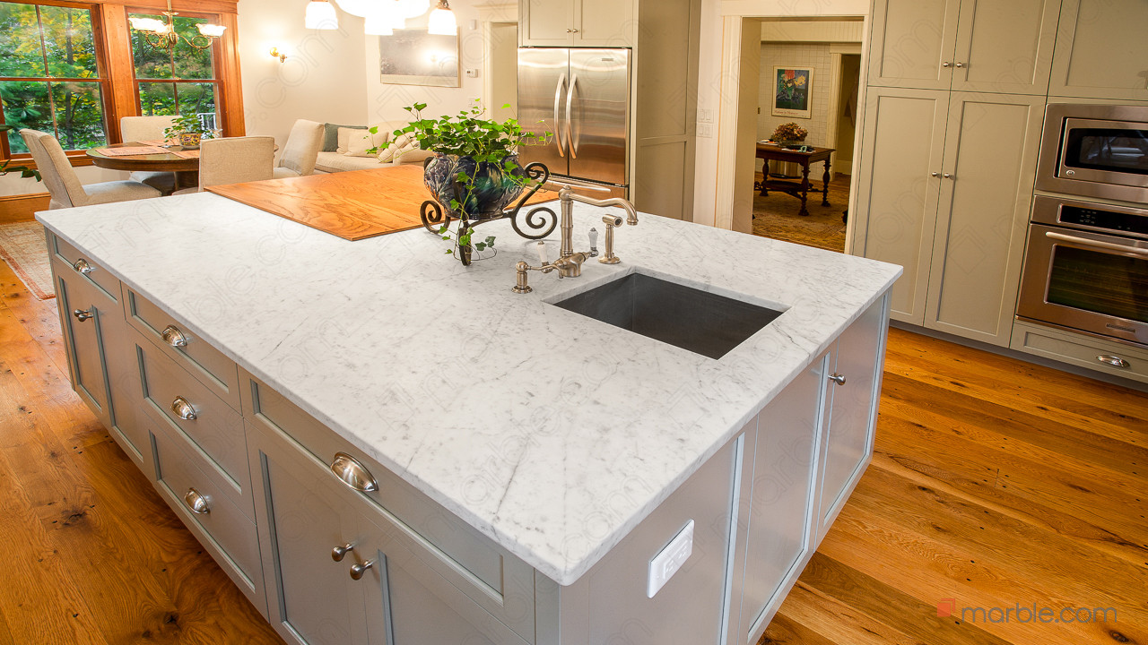 White Carrara Marble & Oscuro Mist Satin Granite Kitchen Countertops | Marble.com