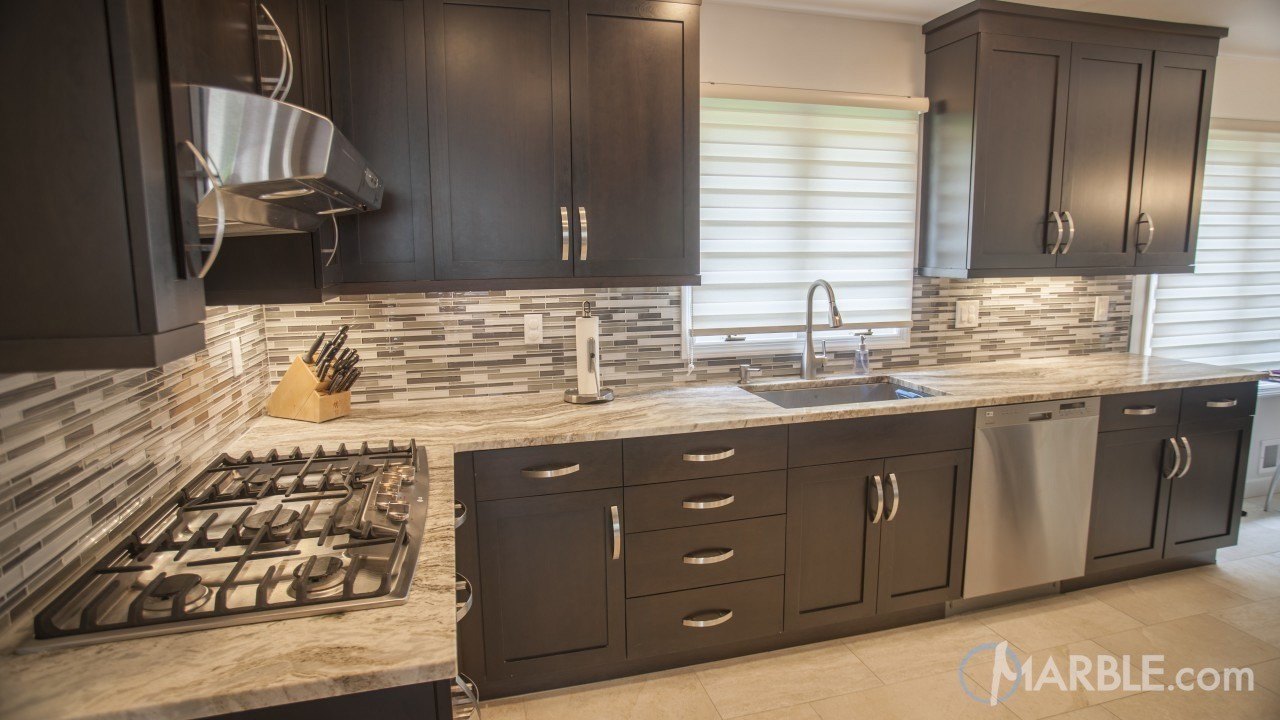 Fantasy Brown Quartzite Kitchen Counter With Dark Cabinets