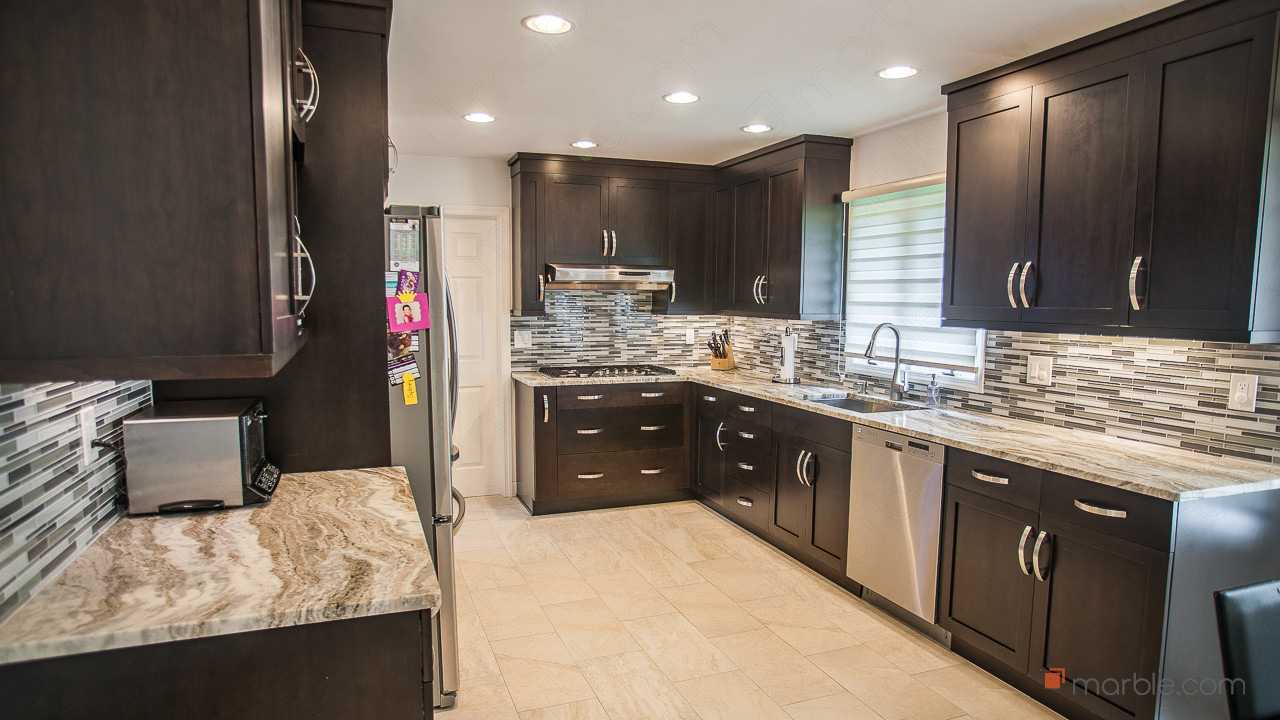 Fantasy Brown Quartzite Kitchen Counter, Black Cabinets With Brown Granite Countertops