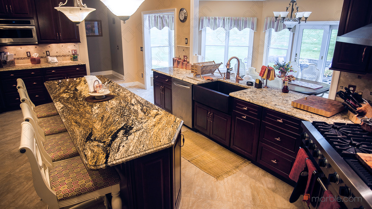 Black Thunder and Giallo Napole Granite Kitchen Countertops | Marble.com