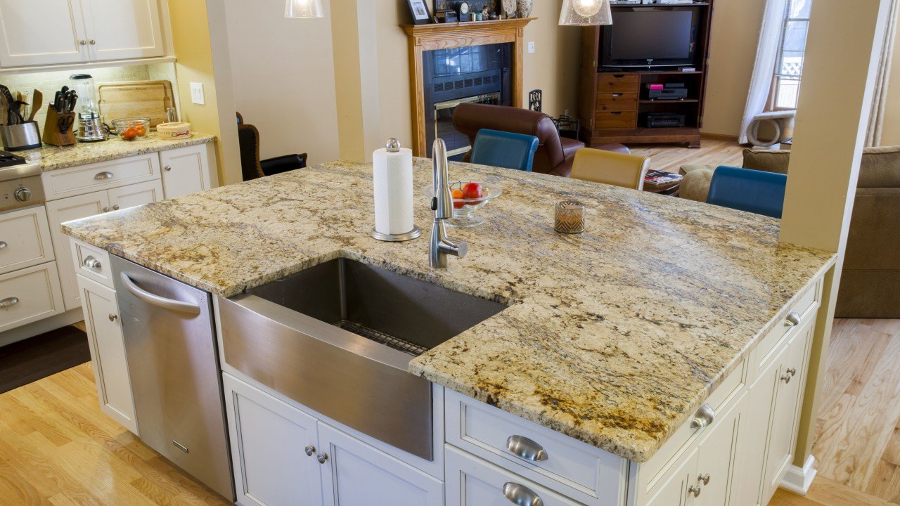 Yellow River Granite Kitchen Countertops With A Large Island