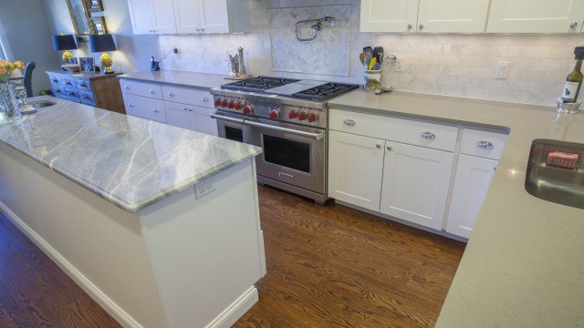 Sparkling Blue Marble and Clamshell Quartz Kitchen Countertops