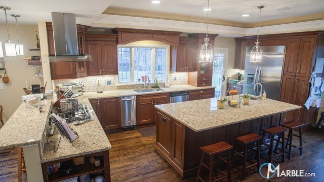 Santa Cecilia Granite Kitchen Countertops in a Large Kitchen