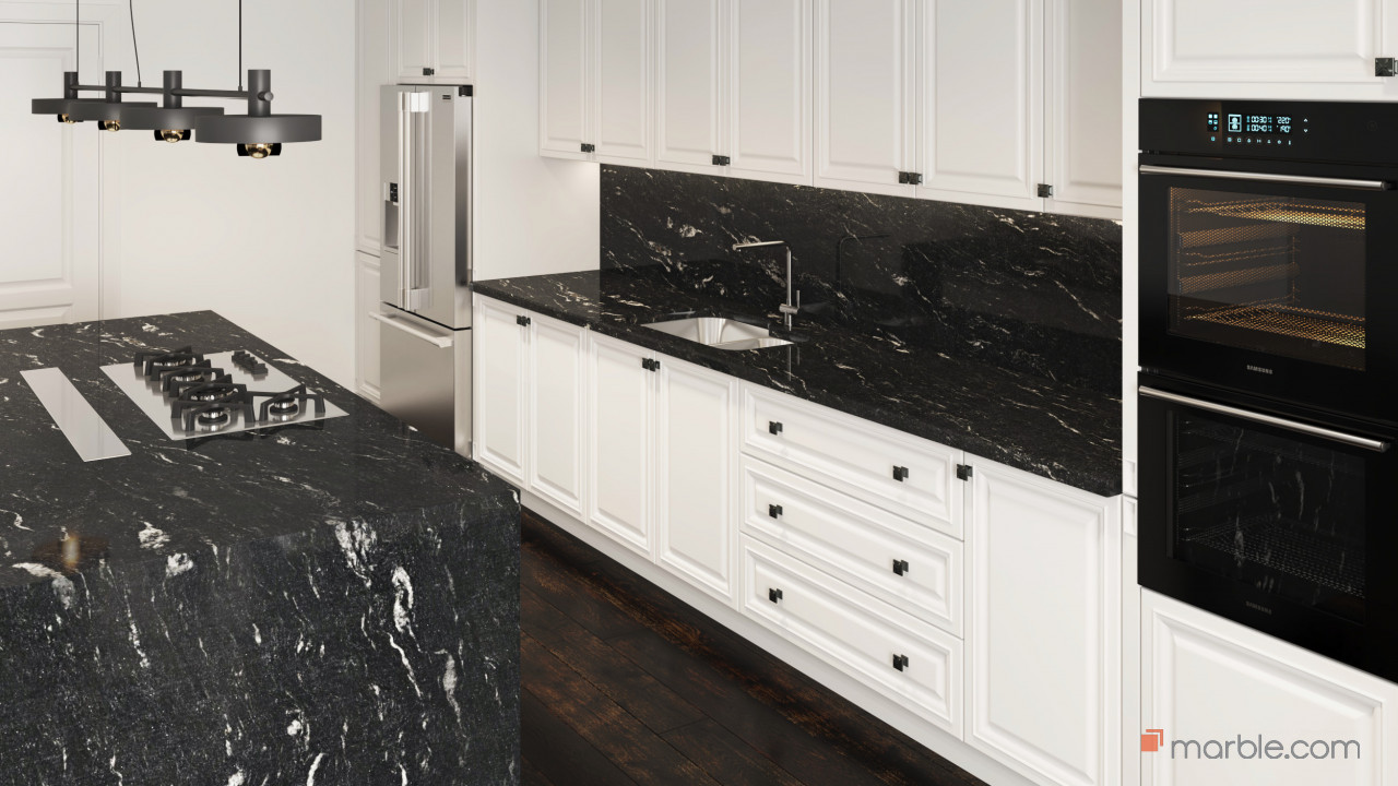 Cosmic Black Granite Kitchen Countertops | Marble.com
