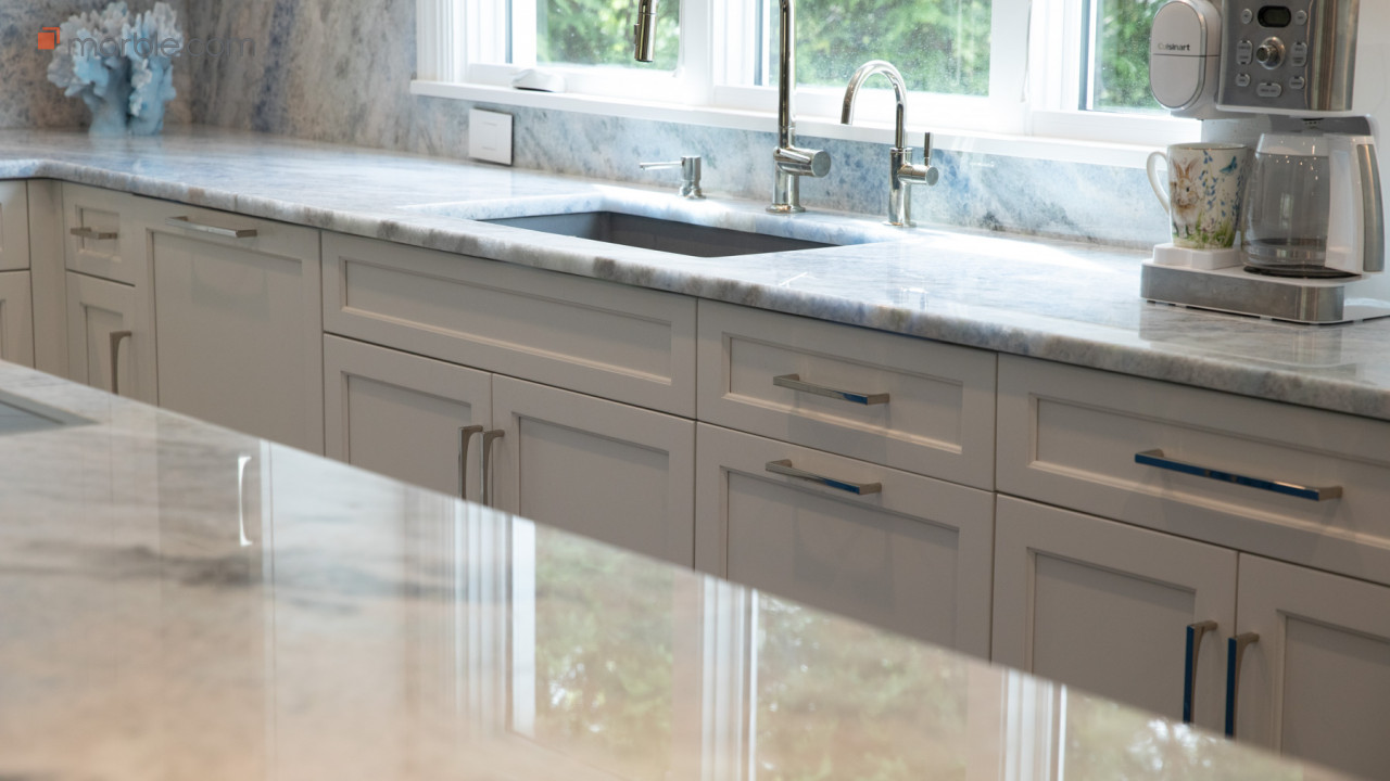 Ardella Cristallo Azul Quartzite Kitchen | Marble.com