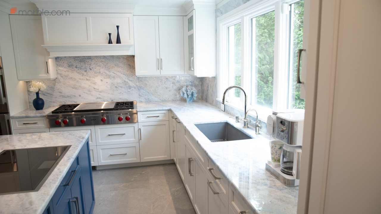 Ardella Cristallo Azul Quartzite Kitchen | Marble.com