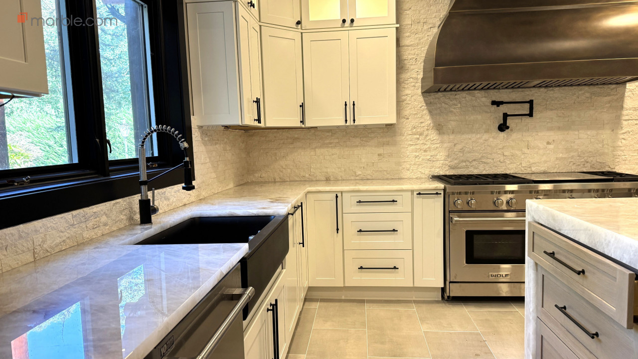 Aurora Cristallo Extra Quartzite Kitchen | Marble.com