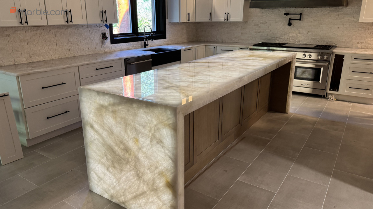 Aurora Cristallo Extra Quartzite Kitchen | Marble.com