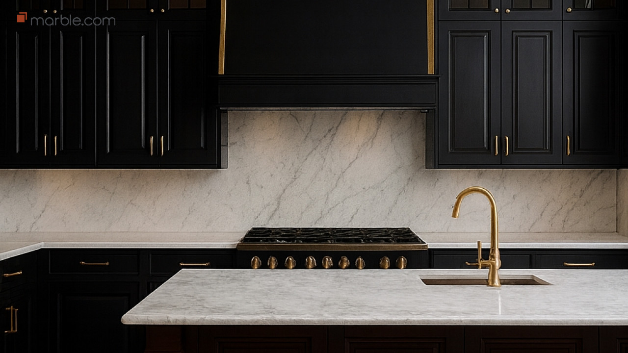Golden Elegance Kitchen – Calacatta Gold Marble