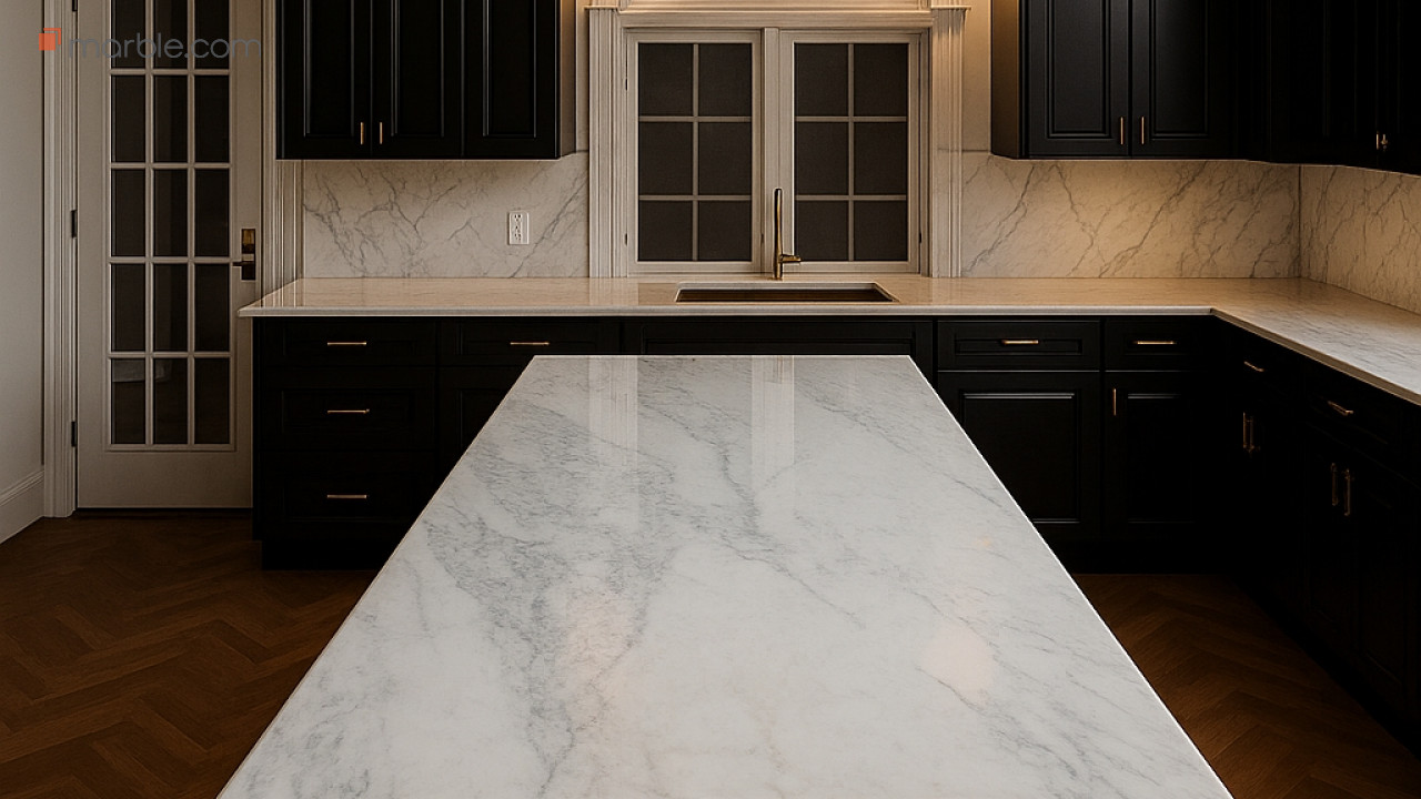 Golden Elegance Kitchen – Calacatta Gold Marble