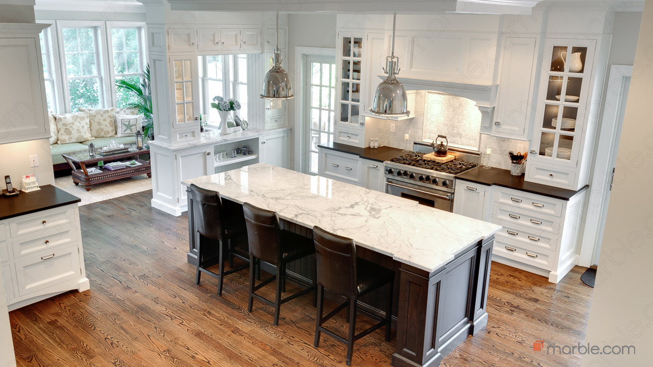 Classic Marble Island with Contrasting Granite Countertops | Marble.com