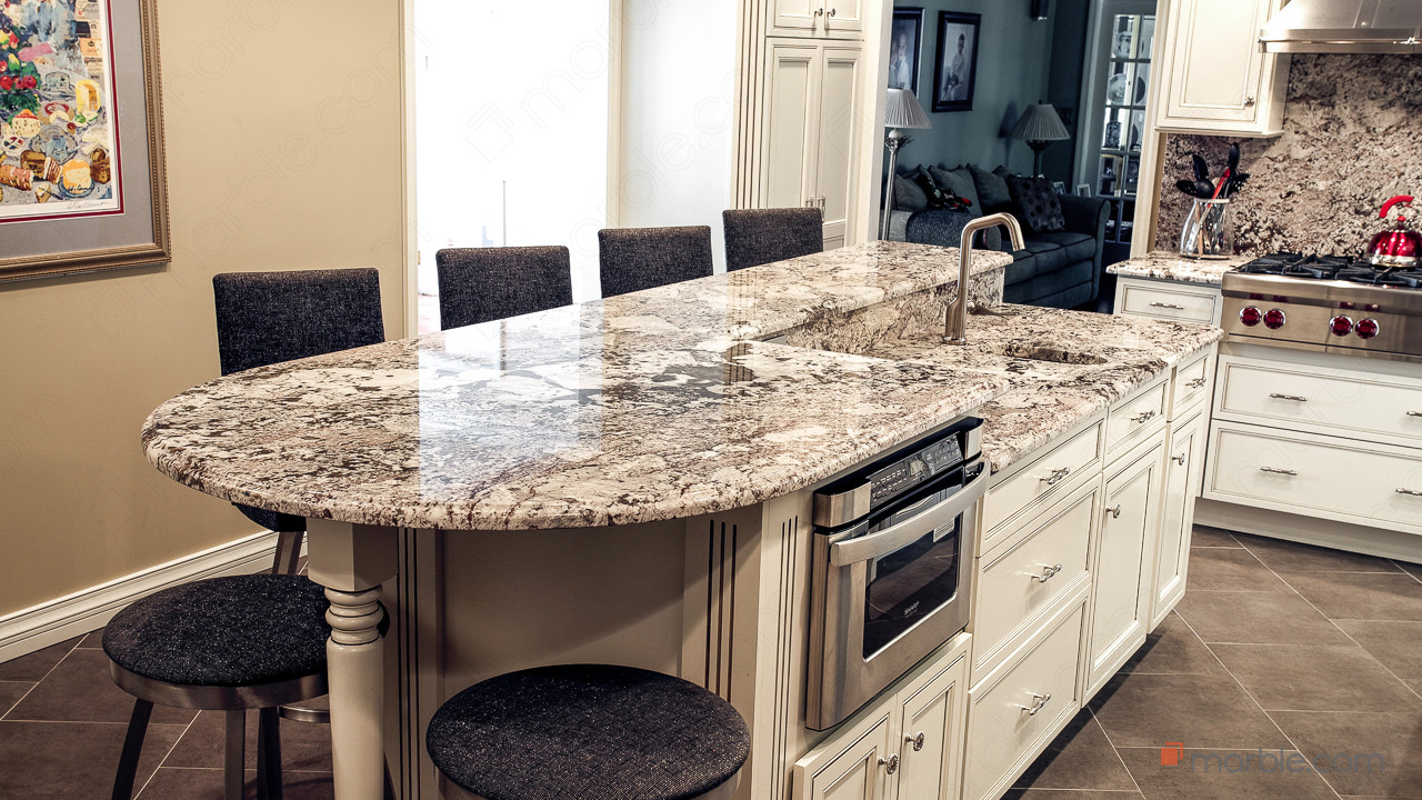 Bianco Antico Kitchen Countertops with a Two Tier Island | Marble.com